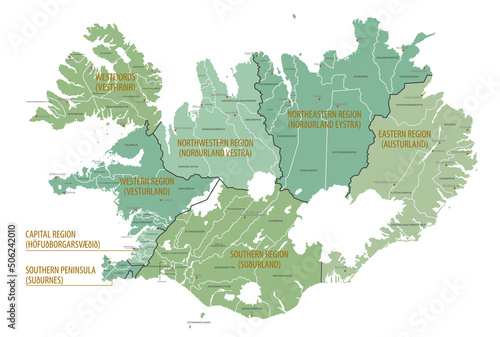 Detailed map of Iceland with administrative divisions into Regions and Municipalities, major cities of the country, vector illustration onwhite background