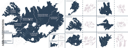 Vector color detailed map of Iceland with the administrative divisions of the country, each Regions is presented separately and divided into Municipalities