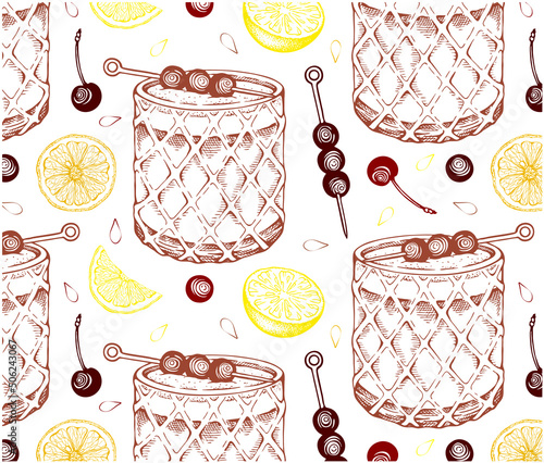 Sketch hand drawn pattern of Whiskey Sour cocktail isolated on white background. Engraved alcohol drink in glass, yellow lemon, red brandied cherry, bourbon. Bar menu wallpaper. Vector illustration.