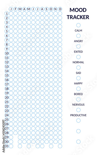 Year in pixels, mood tracker in circles template. Habit diary blank for bullet journal. Monthly planner vertical orientation.