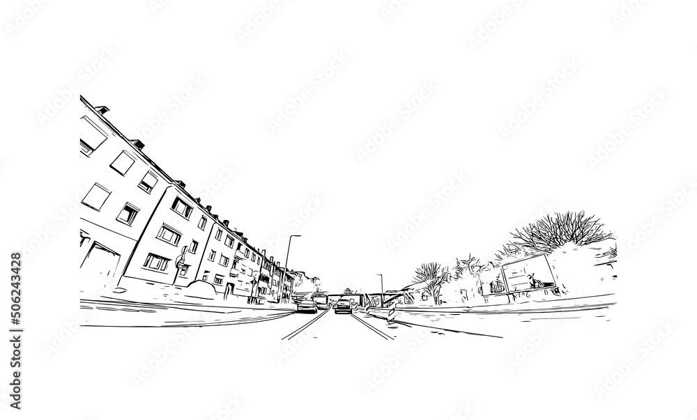 Obraz premium Building view with landmark of Monchengladbach is a city in west Germany. Hand drawn sketch illustration in vector.