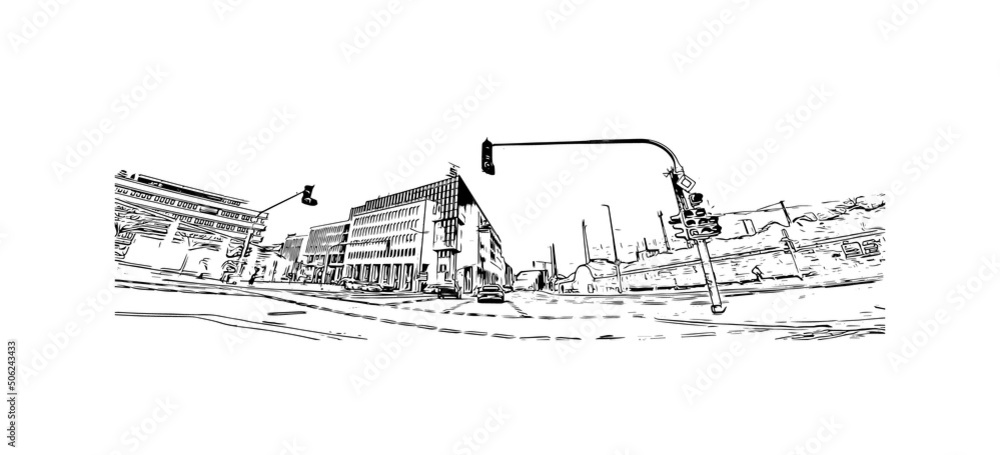 Building view with landmark of Monchengladbach is a city in west Germany. Hand drawn sketch illustration in vector.