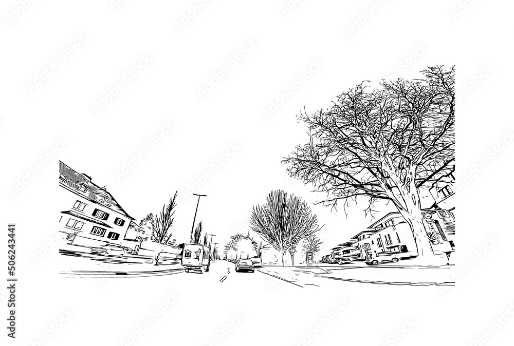 Fototapeta premium Building view with landmark of Monchengladbach is a city in west Germany. Hand drawn sketch illustration in vector.