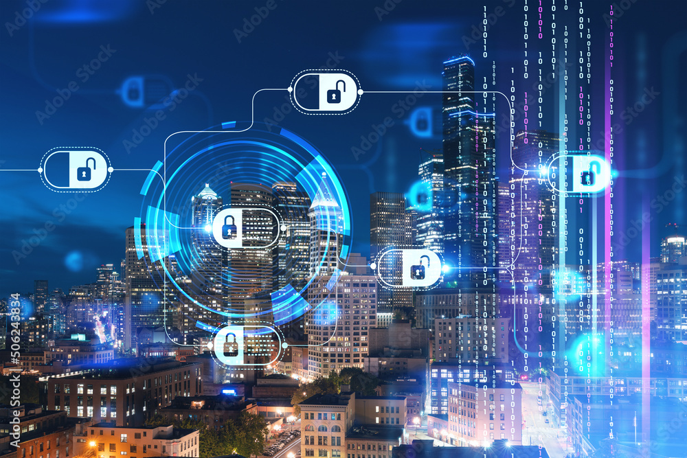 Illuminated aerial cityscape of Seattle, downtown at night time, Washington, USA. Decentralized economy. Blockchain, cryptography and cryptocurrency concept, hologram Illuminated aerial cityscape of Seattle, downtown at night time, Washington, USA. Decentralized economy. Blockchain, cryptography and cryptocurrency concept, hologram