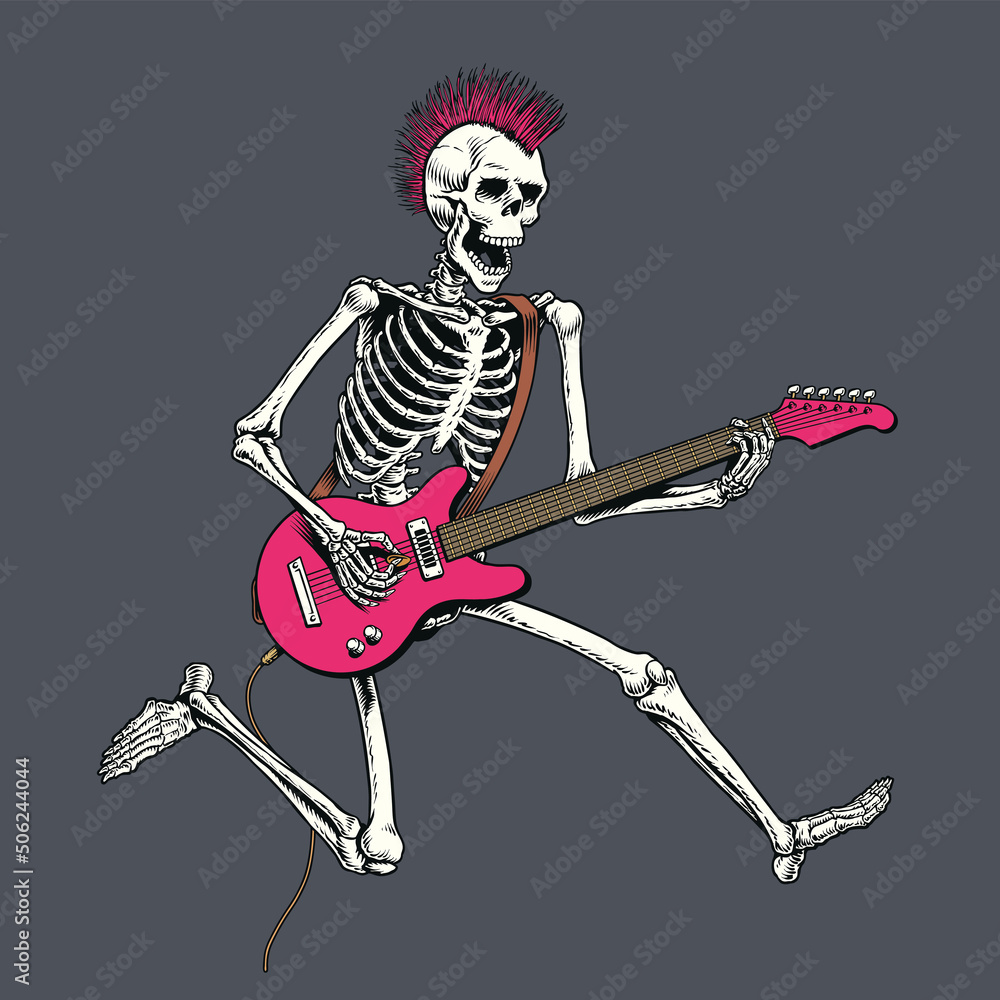 Skeleton punk rock guitar player jumping. Vector illustration.  Stock-Vektorgrafik | Adobe Stock