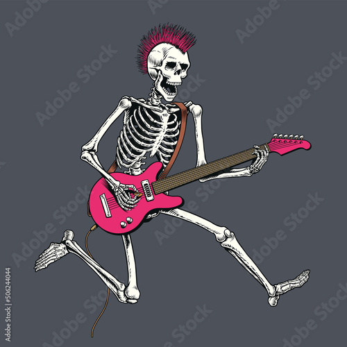Skeleton punk rock guitar player jumping. Vector illustration.