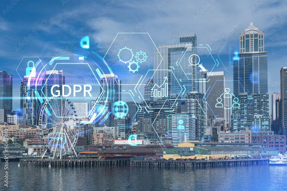 Seattle skyline with waterfront view. Skyscrapers of financial downtown at day time, Washington, USA. GDPR hologram, concept of data protection regulation and privacy for all individuals