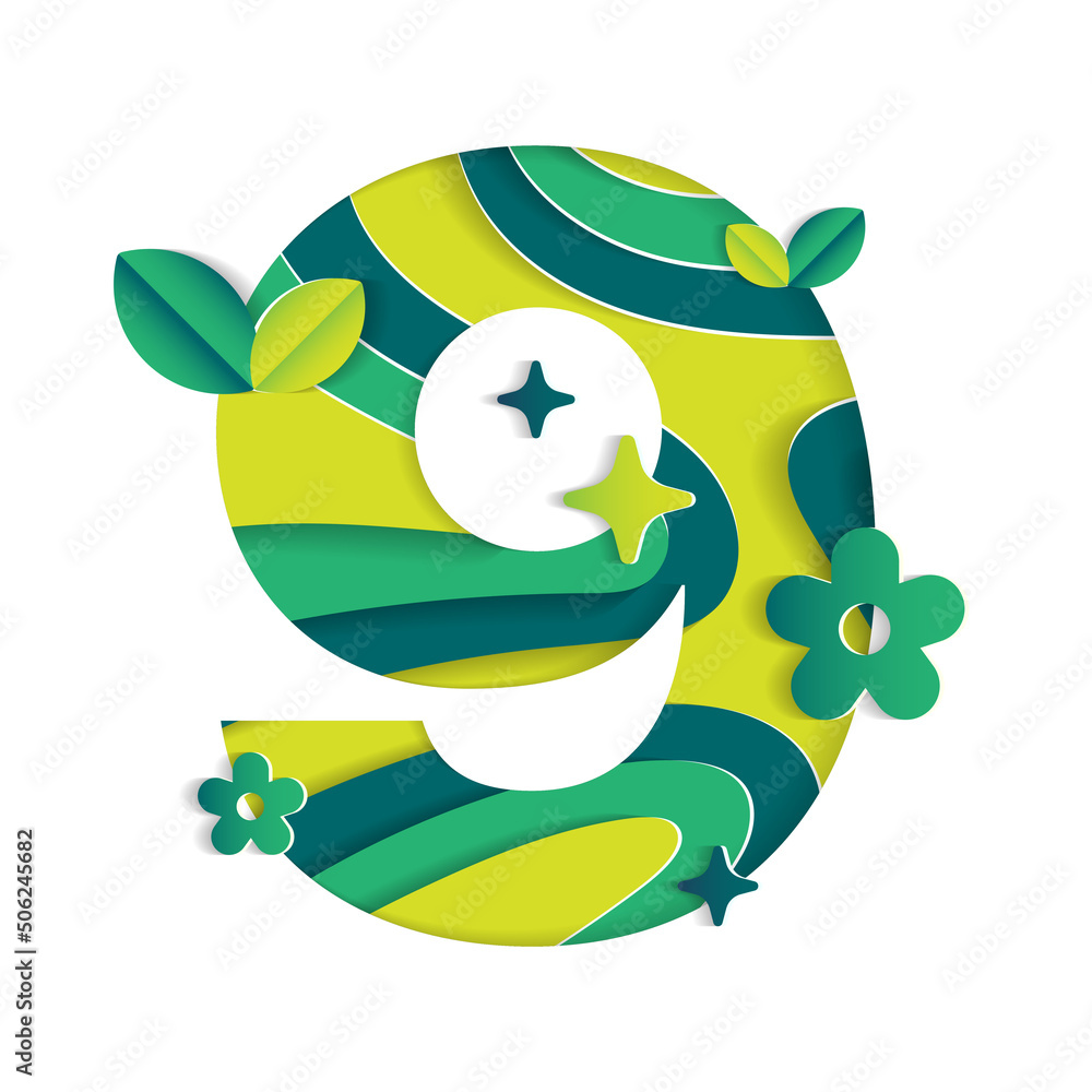 Fototapeta premium 9 Numeric Number Character Environmental Eco Environment Day Leaf Font Letter Cartoon Style Abstract Paper Sparkle Shine Green Mountain Geography Contour 3D Paper Layer Cutout Card Vector Illustration