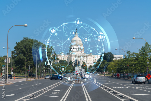 Capitol dome building exterior, Washington DC, USA. Home of Congress and Capitol Hill. American political system. Social media hologram. Concept of networking and establishing new people connections