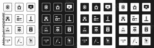 Set Fish, Cat scratching post with toy, Pet award symbol, Turtle, Dog house, Canned food and collar bone icon. Vector