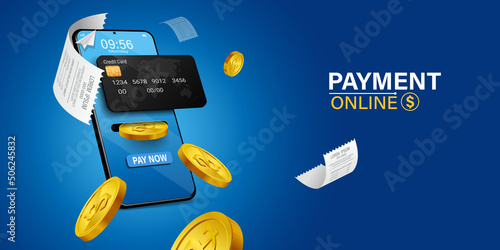 Mobile wallet online on blue background concept of spending money online through internet .Coin drop in smartphone.concept of designing an online wallet through smartphone.online payment on mobile.