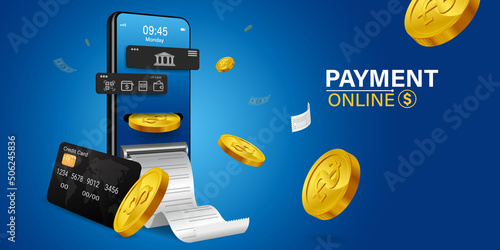 Mobile wallet online on blue background concept of spending money online through internet .Coin drop in smartphone.concept of designing an online wallet through smartphone.online payment on mobile.
