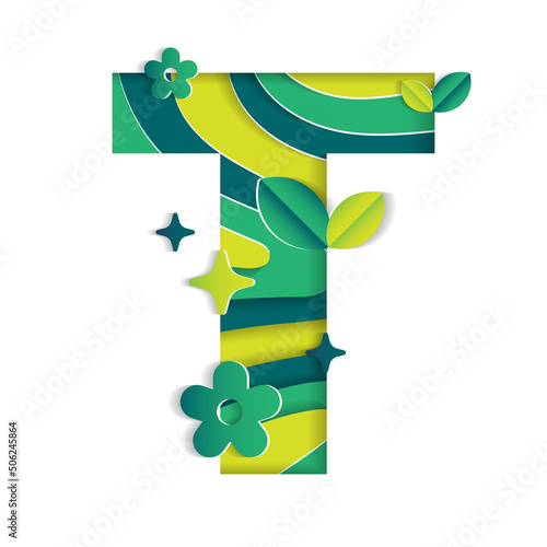 T Alphabet Character Environmental Eco Environment Day Leaf Font Letter Cartoon Style Abstract Paper Sparkle Shine Green Mountain Geography Contour Map 3D Paper Layer Cutout Card Vector Illustration