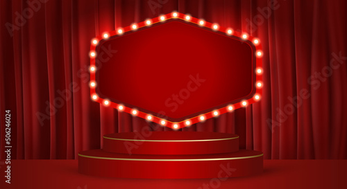 red frame with lights around.Background image with text frame and red curtain.Podium with lighting. Stage, Podium, Scene for Award Ceremony.Stage podium with lighting,Stage Podium for Award Ceremony