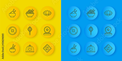 Set line Asian noodles in bowl, Chinese Yuan currency, paper lantern, Yin Yang, Gong, Rice with chopstick, Lotus flower and icon. Vector