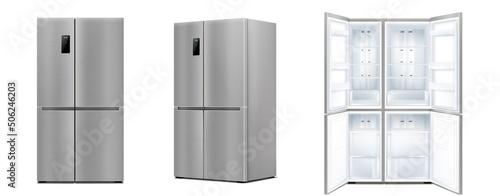 Realistic refrigerator with double doors set. Modern two chambered fridge appliance for food storage with open and close door. Chrome kitchen coolers isolated. 3d vector illustration photo