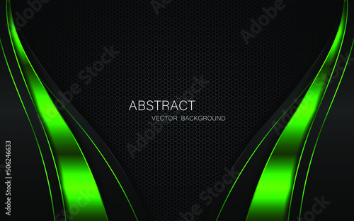 Abstract black and green curves on dark steel mesh background with free space for design. modern technology innovation concept background
