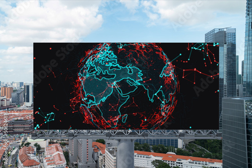 World planet Earth map hologram on billboard over panorama city view of Singapore. The concept of international connections and business in Southeast Asia.