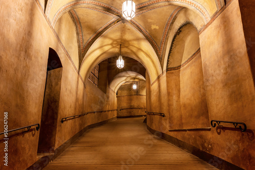 The background of the night-lit medieval Gothic corridor rising upwards. Horizontally.