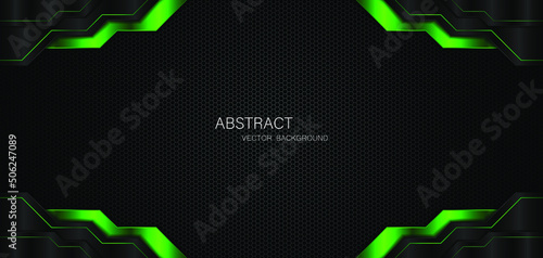 Abstract black and green polygon with green glow lines on dark steel mesh background with free space for design. modern technology innovation concept background
