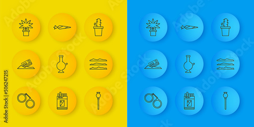 Set line Handcuffs, Cocaine credit card, Glass bong for smoking marijuana, Opium poppy, heroin drug, Marijuana cannabis plant pot, Cactus peyote and joint icon. Vector