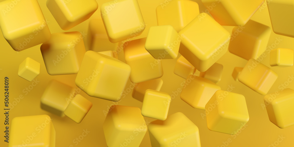 Abstract background with dynamic 3d cubes. Yellow graphic elements. Modern trendy banner design Abstract background with dynamic 3d cubes. Yellow graphic elements. Modern trendy banner design