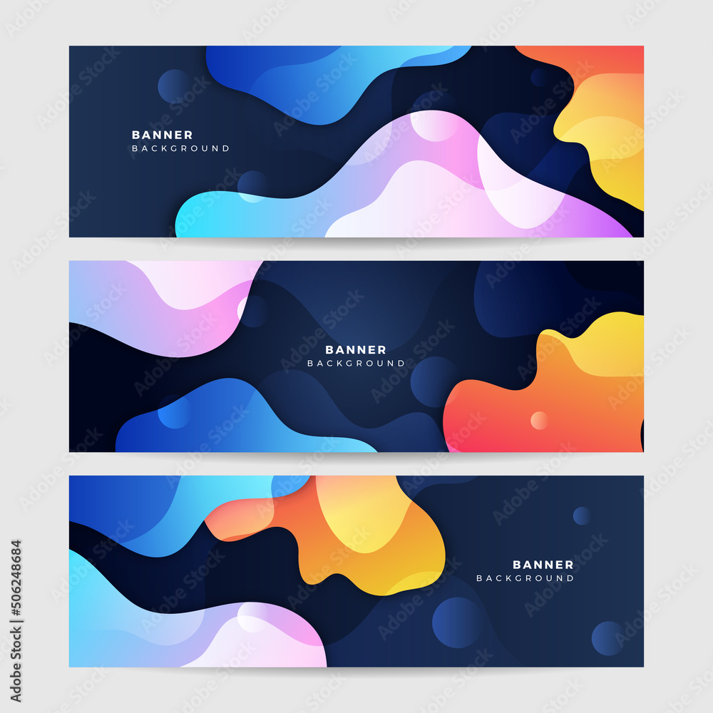 Abstract colorful wave banner design template. Colorful tech web banner with geometric shapes backdrop and gradient colors. Vector graphic design banner pattern presentation background.