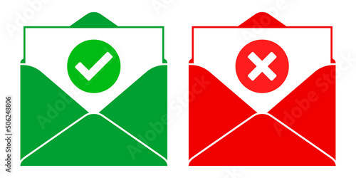 Positive and negative mail concept vector icons, with a green checkmark and red X signs, isolated on white background. Green and red flat style envelopes with Done and Error messages.