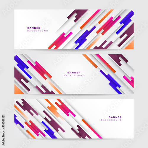 Colorful web banner concept with push button. Collection of horizontal promotion banners with gradient colors and abstract dynamic shapes. Header design for website. Vibrant background.