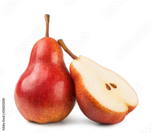 Red pear and half of pear isolated on white background. Fresh fruits.