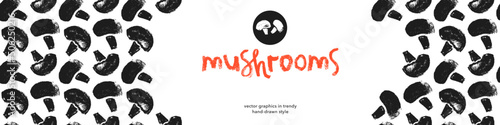 Vector banner template with mushrooms seamless pattern. Hand drawn mushroom ornament for packaging design. Label champignon, vegetable, vegan protein badge. Vegetarian food. Mushroom soup ingredients.