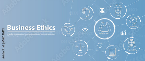 Business ethics web banner icons set - honesty, integrity, commitment and decision. Business Ethics Set with Social Responsibility, Enhanced Corporate Values, Reliability, Disclosure, Trust, Teamwork. photo