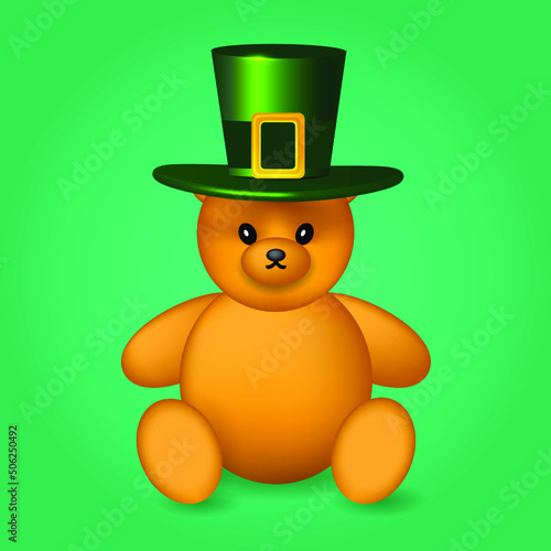 3d kids Teddy bear. Realistic baby bear in Leprechaun green top hat