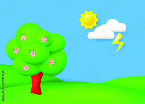 World environment day banner with 3d objects. Spring landscape with green meadow   lightning  bright sun  white clouds and tree