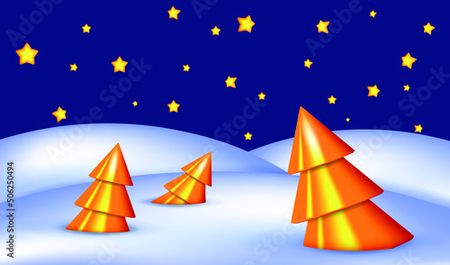 Merry Christmas and Happy New Year composition. Winter landscape with fallen forest and starry sky. Realistic 3D golden Christmas trees in the snowdrifts
