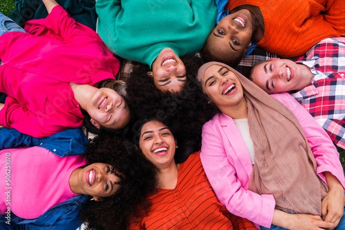 Group of girls of different ethnicities aerial view