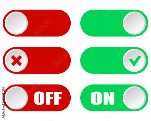On and Off, Tick and Cross toggle switch buttons. Switch icon. Check mark. jpeg image jpg illustration. 