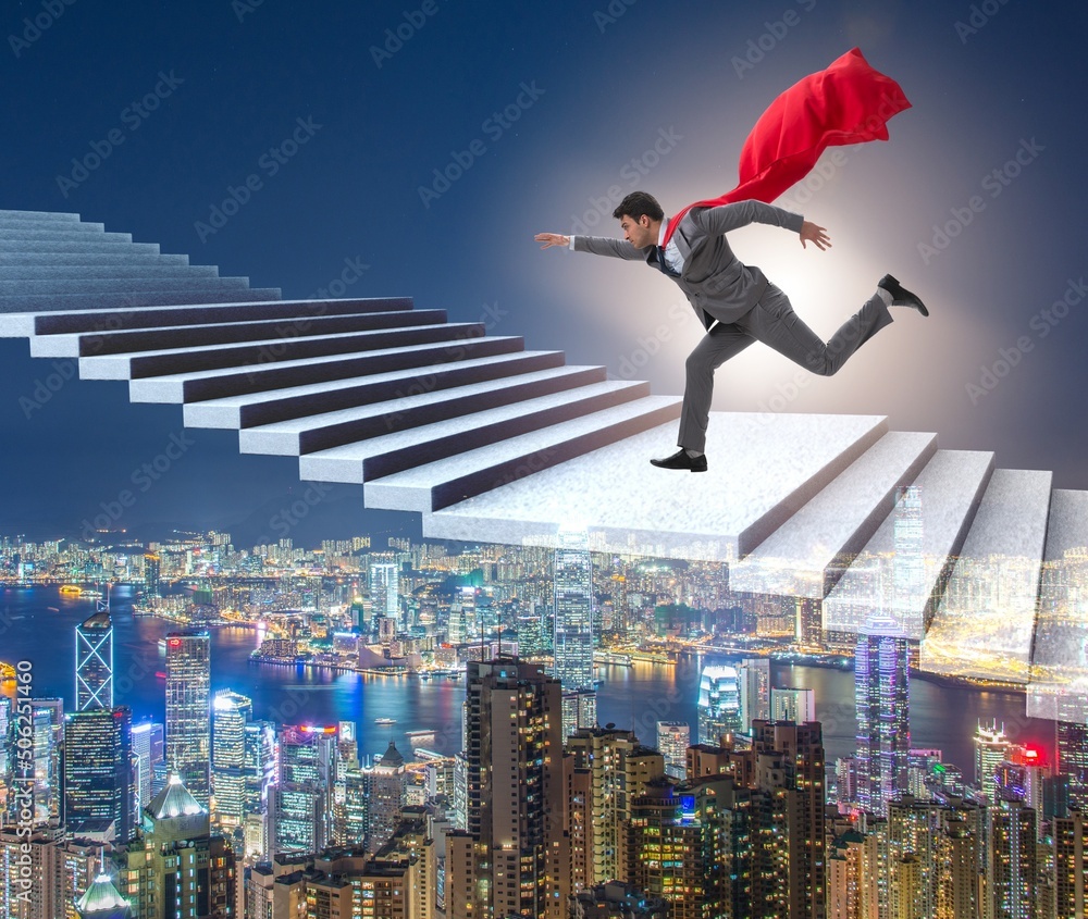 Superhero businessman climbing career ladder Superhero businessman climbing career ladder