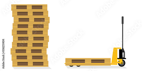 Hydraulic trolley jack with heavy boxes with goods. Buying building materials in supermarket with hand pallet truck. Delivering overall goods. Flat design illustration for ad and concepts.jpg image il