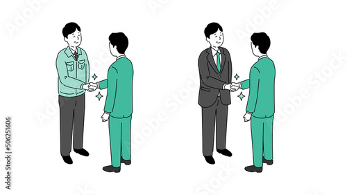 笑顔で握手する中年男性とビジネスマンのイラスト、ベクター
