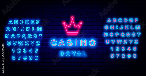 Casino royal neon signboard with crown. Jackpot concept. Shiny blue alphabet. Vector stock illustration