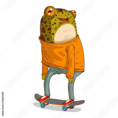 A Skateboarder, isolated vector illustration. Anthropomorphic teenager frog in a casual outfit riding a skateboard. Young humanized trendy dressed toad skater. An animal character with a human body.