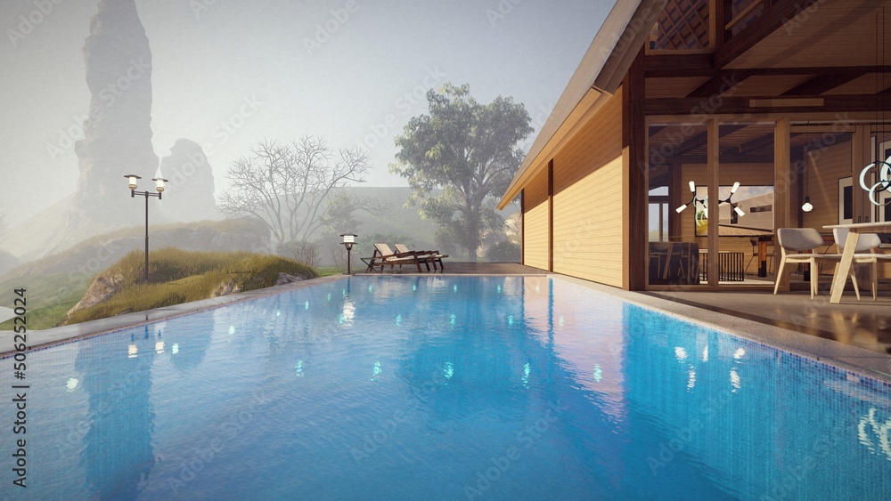 swimming pool foreground on modern wooden house