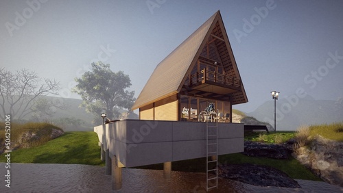 wooden house beside the river with swimming pool nature background and fog 3d illustration