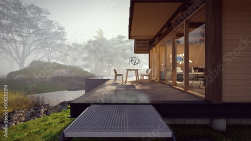 wooden house entrance with beautiful nature background 3d illustration