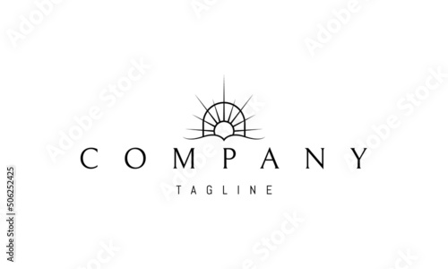 Vector logo on which an abstract image of an open book against the backdrop of a shining sun in the arch.
