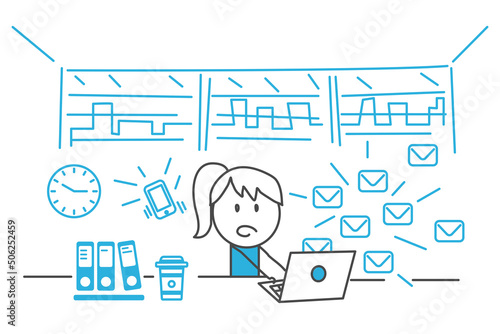 Stick figures. Businesswoman works on laptop with too many tasks. Multitasking Workload, Stress and overwork concept.