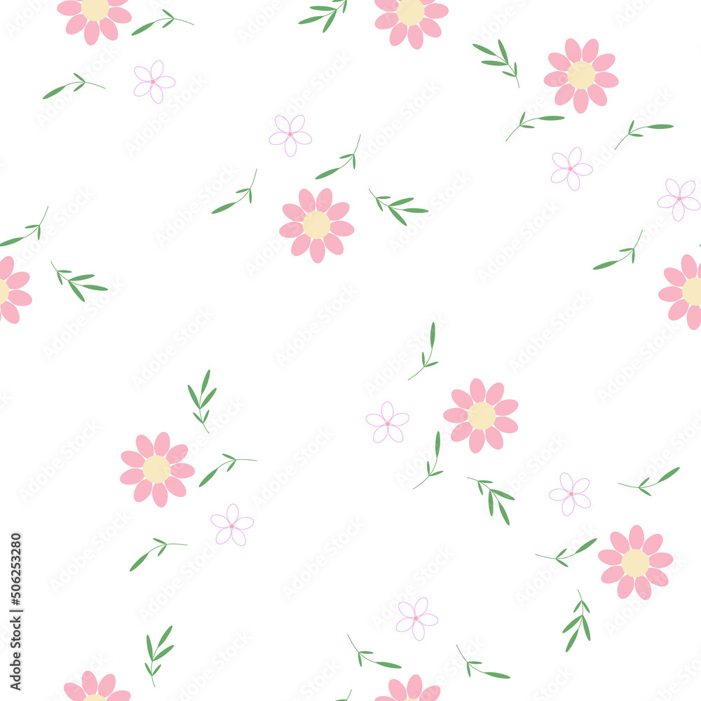 Daisy floral pattern for bed linen textile. Unique seamless ornament of flowers and leaves. Mix doodle on retro style light background. Simple art design pattern for textile, fabric and print. Vector 