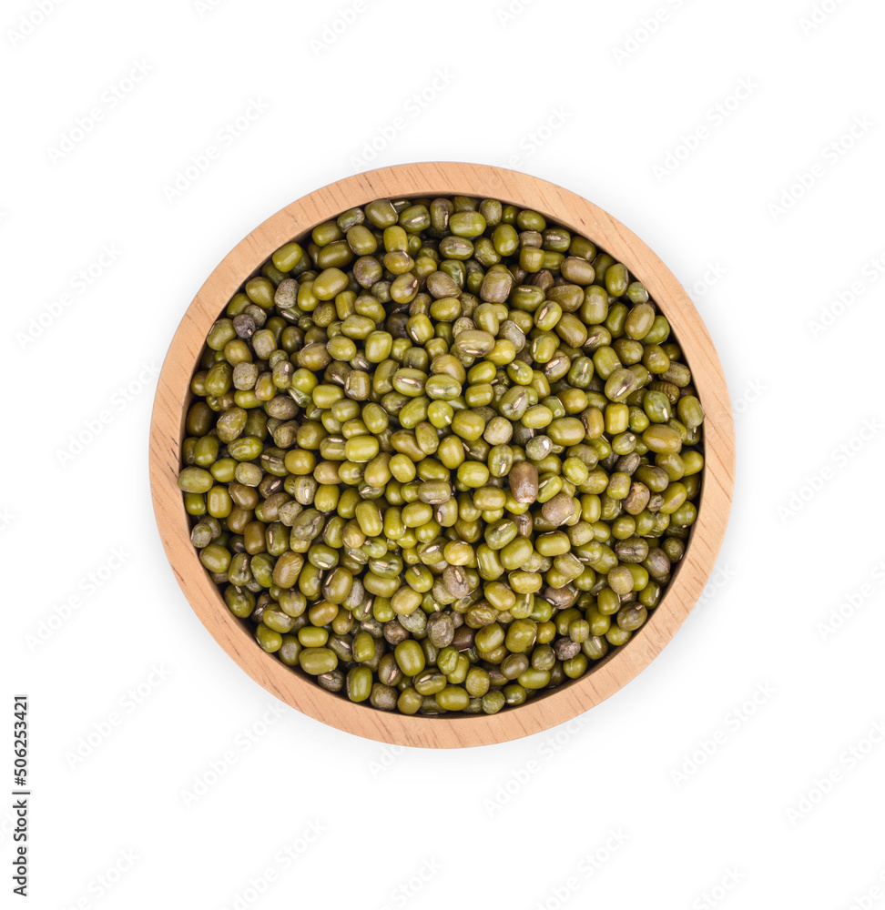 Mung bean seeds in a wooden cup isolated on white background. Top view Mung bean seeds in a wooden cup isolated on white background. Top view