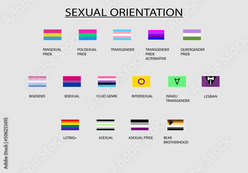 Banderas LGTBIQ+ de los diferentes colectivos con su nombre. Día del orgullo. Orientación sexual. 